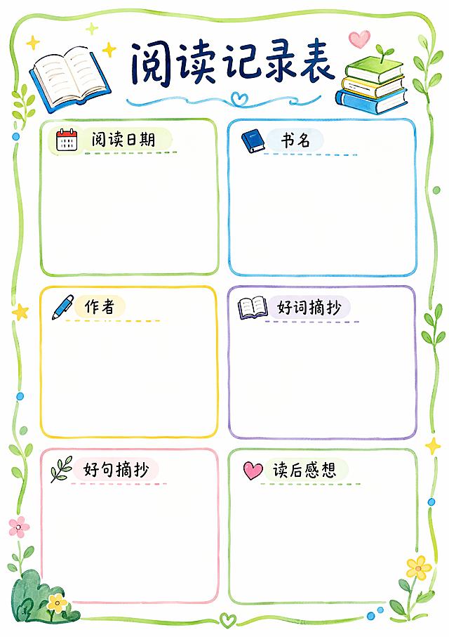 马克笔手绘风格，竖版尺寸210*297，阅读记录表，预留表格区域：包含阅读日期、书名、作者、好词摘抄、好句摘抄、读后感想共六个栏目，马克笔手绘边框，清新风格，文字清晰，留白充足可填写内容