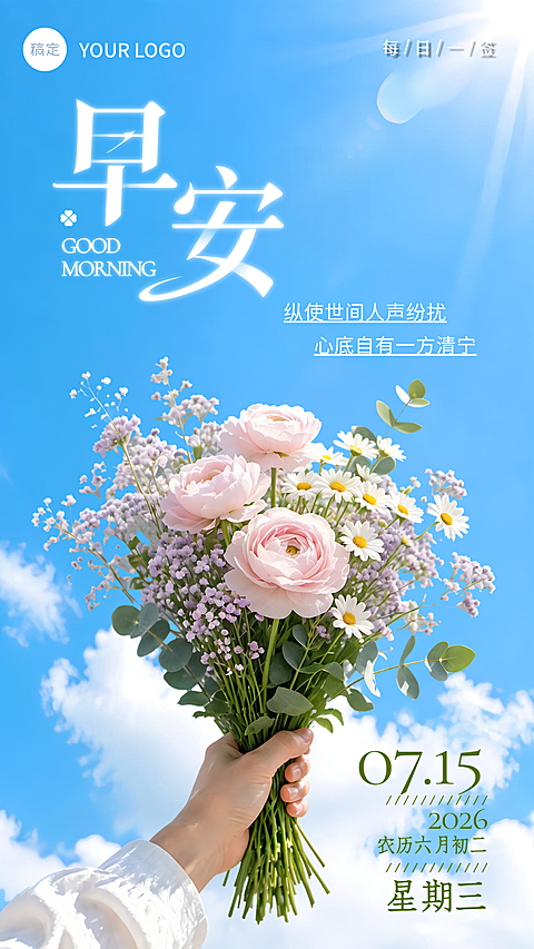 早安海报每日一签温柔治愈清爽蓝调文艺高级感朋友圈海报