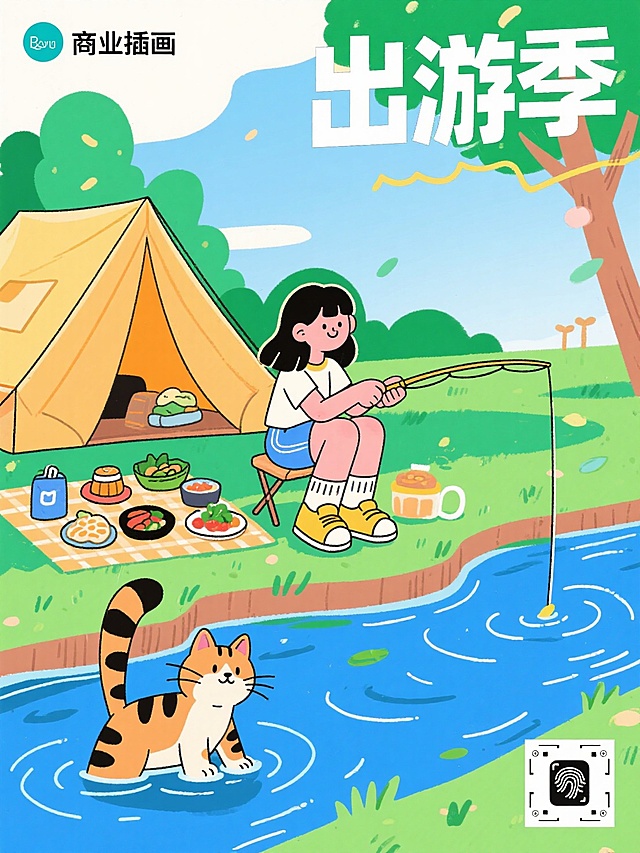 清新插画风，拟人猫咪与少女共度出游季，自然和谐，充满童趣。