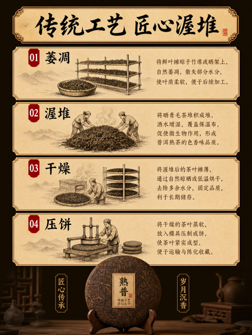 [第6屏] 工艺展示-传统普洱熟茶制作工艺。[氛围/风格] 传统古朴，文化氛围，图文排版清晰，中式风。[元素布局] 从上到下分四个小模块，分别展示萎凋、渥堆、干燥、压饼四道核心工序，每个工序配一张简约预览效果