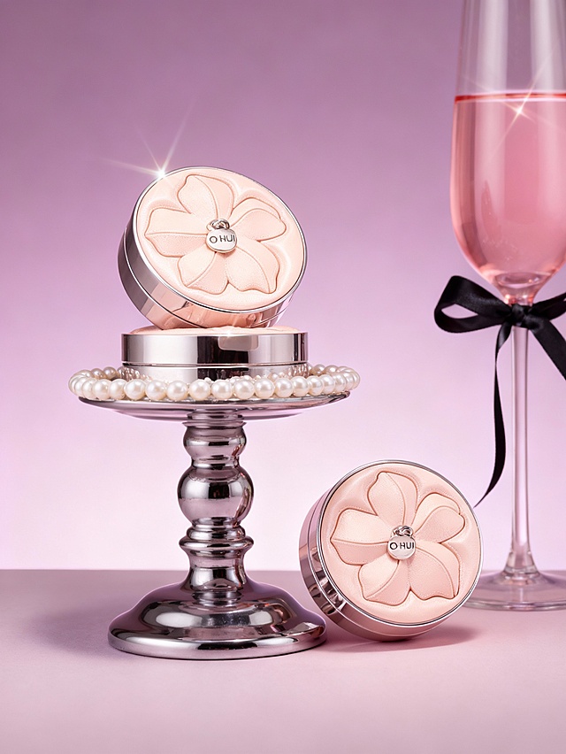 优雅轻奢美妆商业摄影风格，温柔高级的调性，画面整体采用粉紫渐变的柔和色系低饱和灰调配色，暖调柔焦的光影（含星芒光效）；采用平视偏轻微俯视视角，组合式构图；场景为粉紫渐变的柔和背景，载体是带珍珠装饰的银色装饰底座，搭配系有黑色丝带的粉色高脚杯元素；主体一件放置于银色底座之上，一件呈倾斜状态摆放于旁侧，占画面约 40% 比例；主体与环境的关系为：主体凸显轻奢质感，珍珠装饰、黑色丝带、粉色高脚杯强化优雅氛围，暖调柔焦与星芒光效提升画面高级感，粉紫渐变背景弱化干扰以突出主体