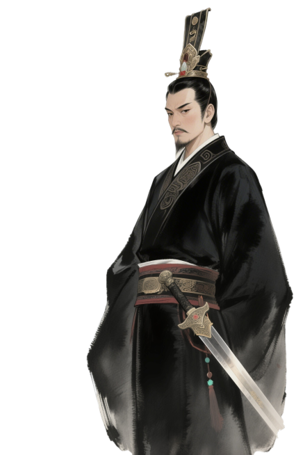 依据《史记・秦始皇本纪》记载与考古复原，绘制古风写实壮年秦始皇，身形挺拔气场沉雄，棱角分明面容，眉骨高耸目光深邃，头戴通天冠，身穿黑色深衣帝王冕服，腰佩长剑，神情威严，有雄主气概，从画面右侧缓缓浮现后预览效果
