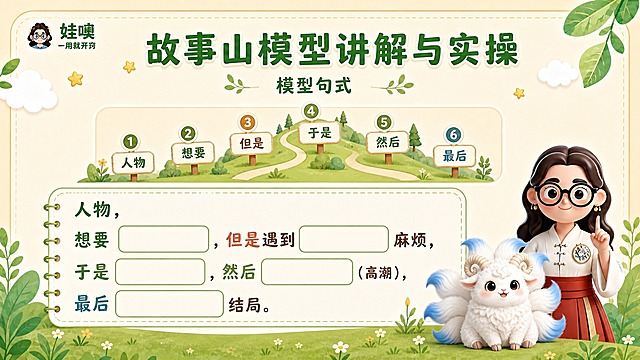 A4横版儿童教育PPT页面，清新杏色和绿色可爱风格，与第4张参考图风格一致：浅杏色背景，绿色叶子装饰，白色云朵，黄色星星点缀，圆角虚线边框。左上角有"娃噢 一用就开窍"品牌logo。页面大标题为"故事山模型讲解与实操"，绿色粗体大字，副标题小字：模型句式。中间上方放一个小型故事山示意图（6个节点：人物、想要、但是、于是、然后、最后）。下方是一个大的圆角句式卡片，用可爱的手写体风格展示完整句式：人物，想要____，但是遇到____麻烦，于是____，然后____（高潮），最后____结局。每个空白处用下划线或空白框表示，方便填空练习。页面右下角放置穿白色中式盘扣上衣红色裙子戴黑框眼镜棕色长卷发的3D卡通女老师和白色九尾羊有螺旋羊角尾巴尖带淡蓝色的毛绒神兽形象。底部有绿色草地和叶子装饰。整体风格清新可爱，实用教学，A4横向比例，儿童教育主题，阅读概括方法