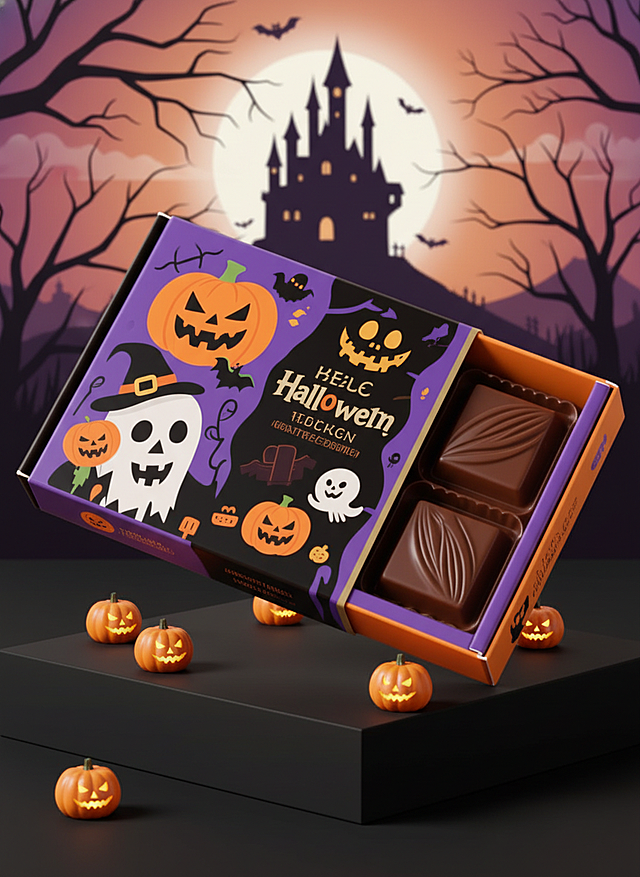 主体放在黑色展台上，前景点缀南瓜灯；背景橙色，点缀插画（城堡、圆月、枯枝、蝙蝠、女巫），万圣节氛围