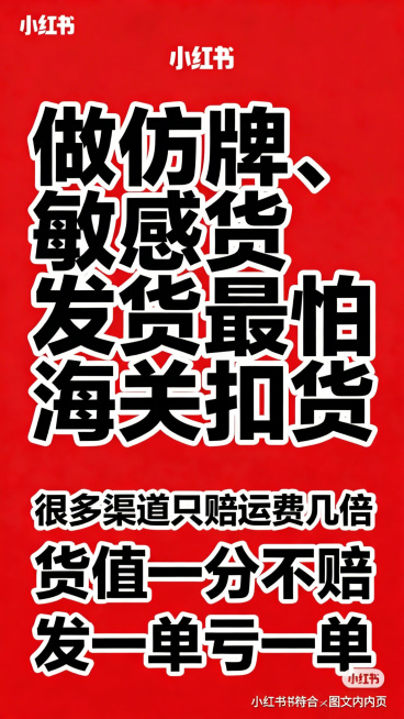 小红书图文内页，痛点分析图，红黑色警示风格，文字内容"做仿牌、敏感货发货
最怕海关扣货
很多渠道只赔运费几倍
货值一分不赔
发一单亏一单"，大字体突出痛点，警示感强，排版简洁清晰，适合跨境物流分享预览效果