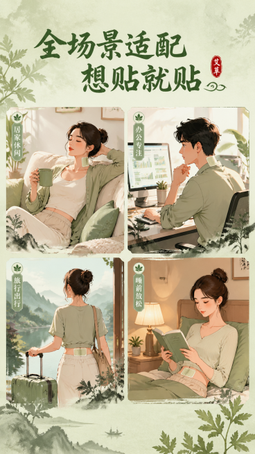 9:16 poster split into four square scenes, overall light green wash background with faint mugwort pa预览效果