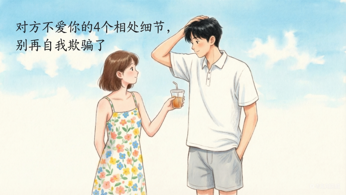 在图片的空白合适位置添加文字："对方不爱你的4个相处细节，别再自我欺骗了"，保留原图的情侣、蓝天白云背景，不改变原图的水彩插画风格预览效果