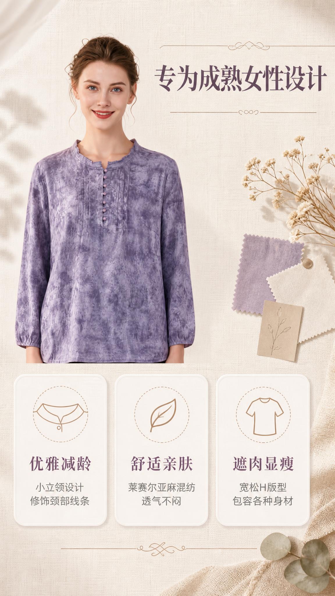[商品] 使用【图6】浅紫色扎染长袖上衣模特图；商品处理：保留… - 图片创意预览