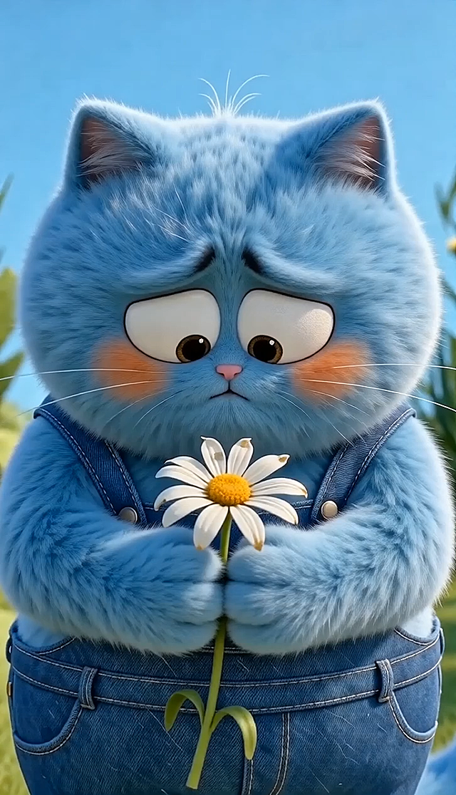 3D卡通风格，拟人化蓝猫身穿牛仔背带裤，毛发生长细腻，表情夸张可爱，手持雏菊，萌趣十足，适合儿童节或春日主题。