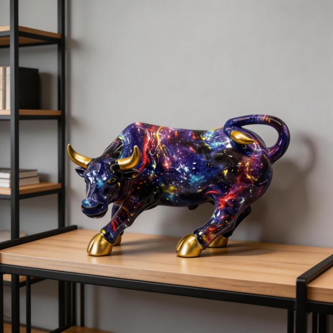家居摆件风格的宇宙星空纹路金角牛雕塑，置于现代简约木质电脑桌上，背景为浅灰墙面与黑色金属书架，柔和自然光照明，展示牛的正面与侧面细节，1200x1200像素，高清写实风格预览效果