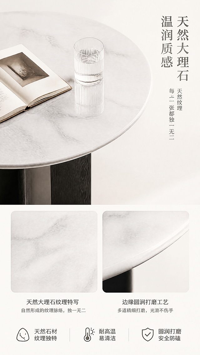 [第3张] 详情页材质解析-天然大理石台面细节特写+质感证明。本张使用【图1】作为商品主体，白水晶色大理石台面特写。
[氛围/风格] 高级材质展示风，微距质感，纯净背景，商业产品摄影质感。
[元素布局] 画面上半区为大理石台面45°俯视角特写：清晰展现天然大理石纹理脉络，台面边缘圆润打磨，质感温润细腻；台面上放置一只透明玻璃杯+一本打开的书，体现使用场景与尺度参照。下半区为材质说明区，左右分布两个细节小图：左侧为大理石纹理微距特写，右侧为台面边缘打磨工艺特写。餐桌台面材质、颜色、圆形轮廓与输入图一致，主体占比约60%。
[光影质感] 顶部柔光+侧光补光，突出大理石天然纹理的深浅层次与通透感，台面呈现自然反光，边缘圆润有光泽。
[配色色系] 全局底色 #FAFAF8（极浅暖灰）；主色白水晶大理石白+浅灰纹理；辅助色透明玻璃、暖木书封、深灰文字。
[视角构图] 上半区俯视特写，下半区左右分栏细节图，阅读动线从上至下。
[文字版式] 右上区域主标题「天然大理石 温润质感」，竖排或横排大号字体；下方副标题「天然纹理 每一张都独一无二」，中号字体；底部三格卖点标签：「天然石材 纹理独特」「耐高温易清洁」「圆润打磨 安全防磕」，配简约图标。文字不遮挡台面主体。
[比例分辨率] 9:16 竖版比例，4K分辨率，文字清晰可辨，高清画质。
[负向提示词] 台面变形，纹理虚假，颜色偏差，水印，文字错乱，产品模糊，背景杂乱。