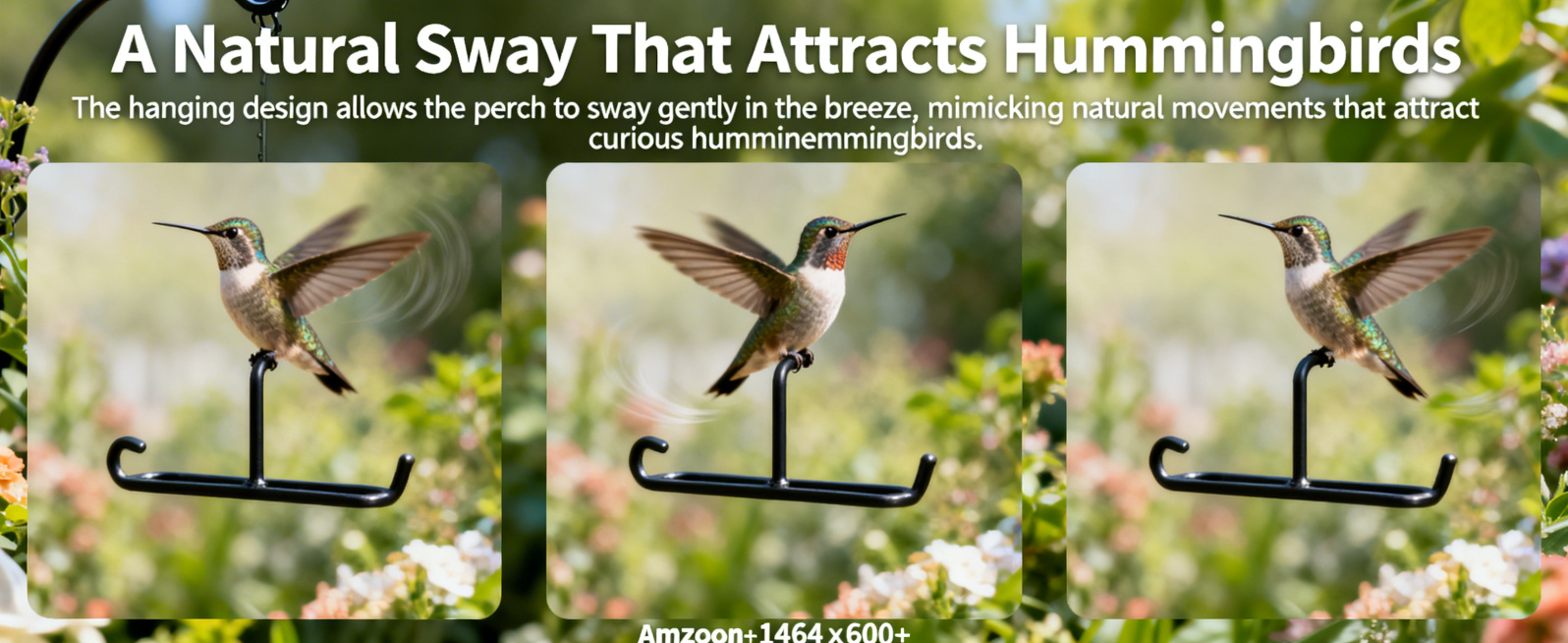 亚马逊A+摆动卖点图，尺寸1464x600，动态三连画效果，依次展示蜂鸟停在黑色金属栖木上轻微摆动的三个不同动态瞬间，背景是柔和的虚化花园绿植，上方主标题文字"A Natural Sway That预览效果
