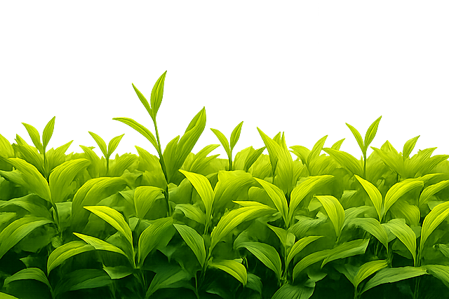 降低图中茶叶的整体高度，在画面中补充更多茶叶嫩芽，保持清新自然风格和透明背景