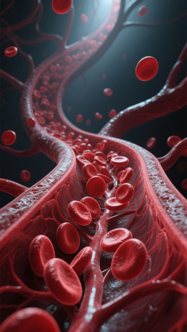 一张高度写实的人体血管内部微观环境背景图，以深红色和暗红色为主色调，呈现出血管内壁光滑的管状结构，内壁上有细微的纹理和脉络分布，大量圆形的红细胞在血管中有序流动，红细胞呈现出饱满的红色，带有轻微的光泽感，部分红细胞相互靠近形成群体流动的视觉效果，血管的分支结构在画面中延伸，营造出深邃的空间感，整体光影效果突出，光源从血管深处透出，照亮红细胞和血管内壁，形成明暗对比，展现出生命体内循环系统的精密……预览效果