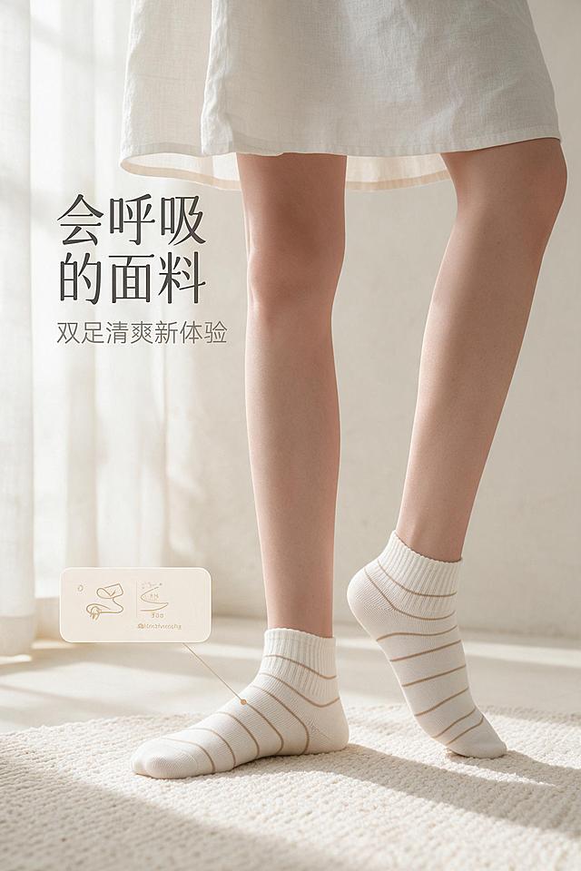 [商品] 使用【图1】米白浅棕条纹短袜；商品处理：100%继承原袜子的针织面料、纱线纹理、织物颗粒、原有条纹印花、褶皱、明暗光影，袜子质感完全复刻原图，禁止重新生成袜子材质，不抹平颗粒，不要塑料光滑感；仅适配环境光影，袜子本身纹路细节不做美化、不过度修图，保持真实实拍纪实质感。保留袜型、袜口罗纹、条纹走向、颜色比例和穿着形态不变。
[画面] 页面目标：首图模特场景海报，高级有质感。画面为女性双足模特穿着同款条纹短袜，站在高级质感的室内家居场景中，脚下是浅米色编织地毯，背景是柔和的米白墙面与自然光影，左侧有轻柔纱帘透光。模特姿态优雅自然，一只脚轻点地面，一只脚微微抬起，袜子正面与侧面轮廓清晰可见。左上方留白放置标题文案。整体氛围干净、高级、有呼吸感。
[视觉] 套系策略：风格=真实实拍纪实质感，高级简约商业摄影；标题字=现代简约无衬线粗体；正文字=简洁无衬线体；主色=米白奶杏色；背景延展=基于米白奶杏做深浅层级、同色渐变和细腻织物/墙面质感；强调色=浅驼棕，仅用于小面积图标、引线和标签；标题色=深炭灰；正文色=中暖灰；组件=细线引线、浅底圆角信息卡；光影=左前侧自然柔光，柔和漫反射，真实阴影。
[文字] 左上方留白放主标题"会呼吸的面料"，副标题"双足清爽新体验"，文字横向排版，层级分明，不遮挡袜子主体和脚部形态。字号适配移动端可读。
[规格] 图片比例2:3竖版，2K分辨率，真实实拍纪实质感，不过度修图。避免袜子材质改变、纹理抹平、塑料光滑感、变形、错字、文字过小、冷蓝/蓝灰背景、过度磨皮。