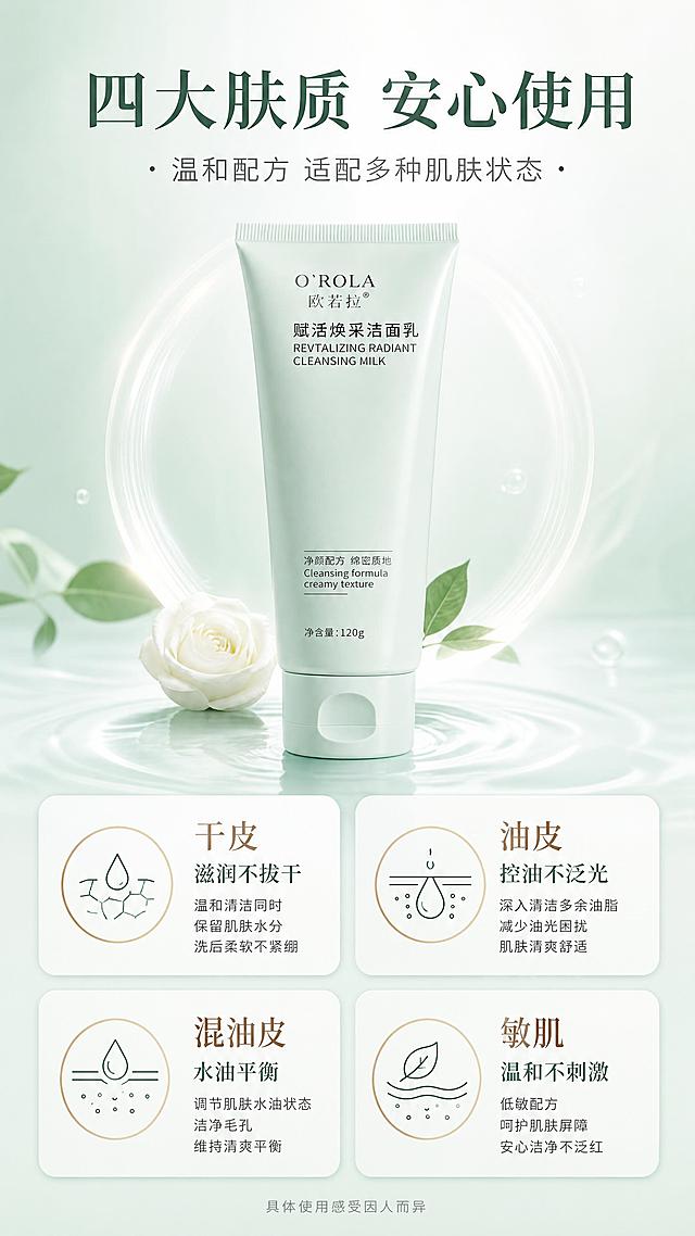 [第6张] 适用肤质页 - 欧若拉赋活焕采洁面乳多肤质适配说明。本张使用【图1】作为商品主体，保持产品外观一致。
[氛围/风格] 清新专业护肤风，薄荷绿+白色调，卡片式布局，干净有条理。
[元素布局] 画面上半部分居中放置洁面乳产品，占比约30%，周围环绕柔和光晕；下半部分为四宫格肤质卡片，分别是干性肌肤、油性肌肤、混合肌肤、敏感肌肤，每张卡片配圆形肤质示意图标和适用说明；背景为浅薄荷绿到白色渐变，干净清爽。
[光影质感] 顶部均匀柔光，产品有细腻高光，卡片有轻微阴影悬浮感，整体明亮通透。
[配色色系] 全局底色 #EDF5F1（浅薄荷绿渐变）；主色 #7FB8A3（薄荷绿）；辅助色 白色、浅棕色文字、淡金色边框。
[视角构图] 上下结构，上产品下四宫格卡片，居中对称，阅读清晰。
[文字版式] 产品上方主标题「四大肤质 安心使用」，深绿色大号字体；副标题「温和配方 适配多种肌肤状态」；四张卡片分别标注「干皮 滋润不拔干」「油皮 控油不泛光」「混油皮 水油平衡」「敏肌 温和不刺激」，每张卡片配小图标；底部小字「具体使用感受因人而异」；文字清晰，层级分明，移动端易读。
[比例分辨率] 9:16 竖版比例，4K 分辨率，文字清晰可辨，高清画质。
[负向提示词] 产品变形，包装文字错误，颜色偏差，水印，文字过小，医疗化承诺，绝对化用语。