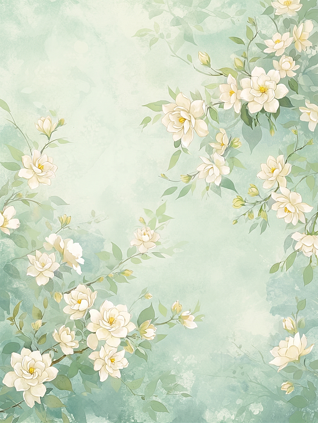 将图中所有花朵替换为栀子花，保持整体的浅青绿色水彩背景、绿色枝叶以及构图风格不变，保留原有的清新淡雅氛围