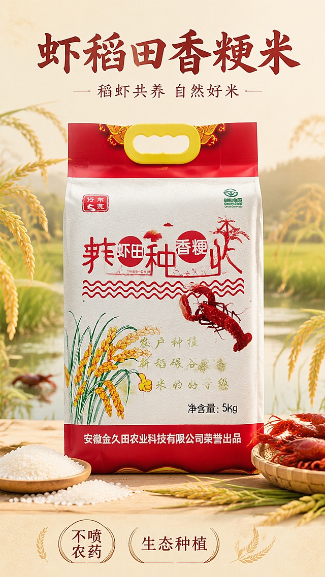 [第1屏] 详情页头图-虾稻田香粳米生态产品宣传海报。本屏使用【图1】作为商品主体包装展示。
[氛围/风格] 自然田园风，清新温馨，突出原生态农产品健康质感，商业摄影写实风格。
[元素布局] 商品包装居中展示，占比约70%；背景搭配浅米色虾稻田场景虚化底图，点缀新鲜稻穗和小龙虾剪影装饰；保留商品包装结构、文字、颜色与输入图一致。
[光影质感] 顶侧柔光照明，产品下方自然投影，整体画面明亮通透，包装文字清晰可见。
[配色色系] 全局底色 #F5F0DC；主色米白浅棕；辅助色稻穗黄绿、小龙虾红色点缀。
[视角构图] 正面平视，包装为绝对视觉中心，阅读从上到下，动线流畅。
[文字版式] 版式为顶部标题区 + 中部产品展示 + 底部卖点条。主标题「虾稻田香粳米」，副标题「稻虾共养 自然好米」，温润书法感标题字顶对齐；底部信息条标注核心卖点「不喷农药 生态种植」，文字不遮挡包装主体。全套保持一种标题字体，字色不超过2种。
[比例分辨率] 9:16 竖版比例，4K分辨率，文字清晰可辨，高清画质。
[负向提示词] 包装变形，文字错乱，颜色偏差，缺件错件，水印，背景杂乱，产品模糊