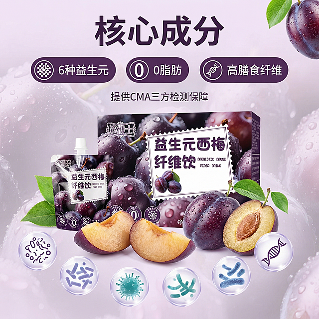 [主图 2] 核心成分卖点展示图
[氛围/风格] 专业品质感，清晰通透，自然健康氛围
[画面元素] 保持原有益生元西梅纤维饮产品包装外观，产品主体位于画面偏上位置，下方放置切开的新鲜西梅和6种益生元成分素材，保留产品整体可识别，背景为浅紫色渐变虚化西梅纹理，干净不抢主体
[配色色系] 主色调：淡紫+深紫，辅助色：白色文字，绿色鲜果点缀
[视角构图] 平视拍摄，布局稳定，产品在上，成分展示在下，一图一重点
[文字版式] 主标题“核心成分”加粗最大，然后分点展示卖点：左侧圆形图标“6种益生元”、中间圆形图标“0脂肪”、右侧圆形图标“高膳食纤维”，每个图标配白色文字说明，信息层级分明，不遮挡主体，底部标注“提供CMA三方检测保障”小字，整体干净简洁
[比例分辨率] 1:1 比例，2k 分辨率