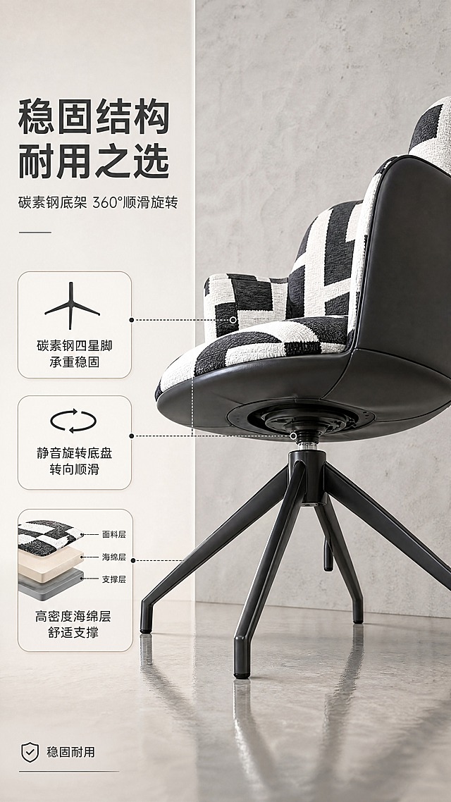 [商品] 使用【图1】DY-8836格纹转椅；保留整体外观、格纹图案、西皮后背、碳素钢四星脚底座、旋转底盘；本张重点展示底架与旋转结构，底座角度略微仰视以突出碳素钢支架的稳固感；不改变产品结构和颜色。
[画面] 目标：深度说服结构与框架品质。构图：左右分栏，左侧约40%为文案与结构示意，右侧约60%为产品底座与靠背骨架特写；产品呈微仰视角度，底座占画面主体，展示四星脚碳素钢支架与中心旋转轴；背景为浅灰色工业风质感墙面，地面有柔和倒影；用虚线分层示意座垫内部结构（面料层+海绵层+支撑层）。
[视觉] 套系策略：风格=现代轻奢北欧风商业摄影；标题字=现代无衬线粗黑体；正文字=简洁无衬线体；主色=米白+浅灰；背景延展=基于米白浅灰做深浅层级、同色渐变和细腻纸感/织物质感；强调色=炭黑色，仅用于小面积图标、引线、标签和格纹呼应；标题色=深炭灰；正文色=中暖灰；组件=圆角浅底信息卡、细线引线、胶囊形卖点框；光影=左前侧暖柔光，金属底座有高光反射，整体亮色调。
[文字] 左侧主标题「稳固结构 耐用之选」（8字）；副标题「碳素钢底架 360°顺滑旋转」（12字）；下方3条结构说明配引线：「碳素钢四星脚 承重稳固」「静音旋转底盘 转向顺滑」「高密度海绵层 舒适支撑」；底部小字标注「稳固耐用」。
[规格] 图片比例9:16竖版，4K分辨率，负向提示：避免变形、错字、底座结构虚构、冷蓝金属色、产品比例失真、文字过小。