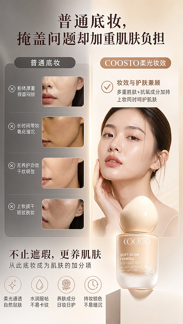 [商品] 使用【图1】COOSTO柔光紧致粉底液；保留瓶身、瓶盖、Logo、文字、图案和颜色不变；产品放在画面右侧，占比约30%。
[画面] 痛点对比页，目标突出普通底妆问题与本品优势；左右分栏对比布局，左侧为「普通底妆」暗调灰蒙区域，配厚重假面、氧化发黄、拔干卡纹的示意小图；右侧为「COOSTO柔光妆效」明亮柔光区域，配通透柔光妆面示意；中间用渐变分割线过渡；底部放产品图和总结文案；整体对比强烈但不夸张，4层以上视觉层次。
[视觉] 套系策略：风格=高级柔光美妆商业摄影；标题字=优雅衬线粗体；正文字=简洁无衬线体；主色=暖米杏；背景延展=左侧冷灰调、右侧暖米杏渐变，中间柔和过渡；强调色=玫瑰金，仅用于小面积图标、引线和标签点缀；标题色=深暖棕；正文色=中暖灰；组件=圆角信息卡、对勾/叉号图标、细线分割线；光影=右侧暖柔光、左侧冷调对比光。
[文字] 顶部大标题「普通底妆，掩盖问题却加重肌肤负担」；左侧4条痛点配叉号图标：粉体厚重假面闷肤、长时间带妆氧化暗沉、无养护功效干纹明显、上妆拔干斑驳脱妆；右侧配对勾图标总结：妆效与护肤兼顾，多重胜肽+抗氧成分加持，上妆同时呵护肌肤；文字横排，手机端可读。
[规格] 图片比例9:16竖版，4K分辨率，避免变形、错字、文字过小、医疗功效宣称、绝对化用语、产品颜色改变。