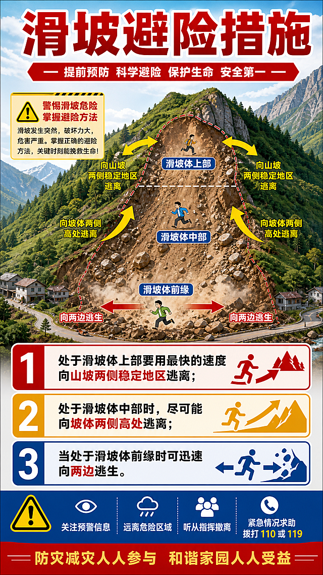 地质灾害预防宣传海报，标题为“滑坡避险措施”。内容清晰展示三条避险规则：1.处于滑坡体上部要用最快的速度向山坡两侧稳定地区逃离；2.处于滑坡体中部时，尽可能向坡体两侧高处逃离；3.当处于滑坡体前缘时可迅速向两边逃生。整体风格醒目正式，科普宣传风格，配图为山体滑坡示意图，文字排版清晰易读，所有文字完整保留在画面中。