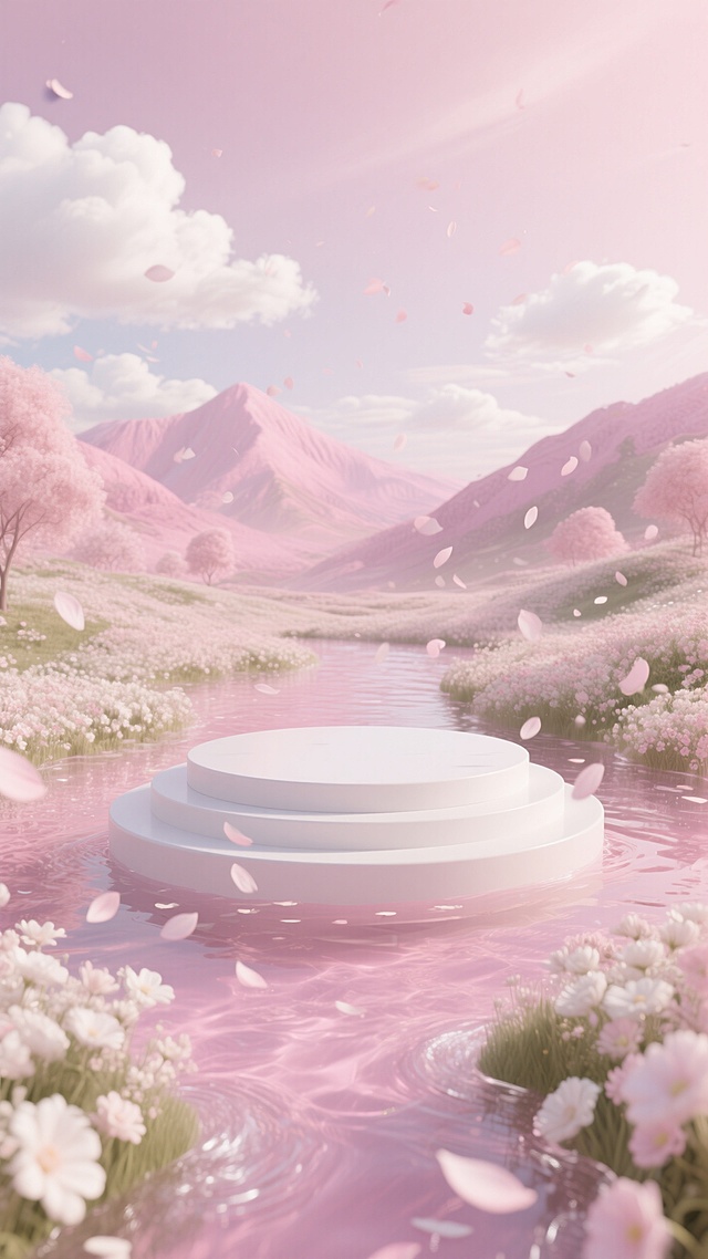梦幻3D风，虚拟自然景观，超现实主义设计，液态花瓣环绕，营造浪漫氛围。