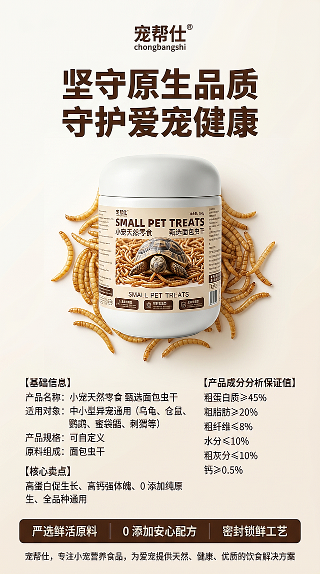 750px×1334px竖版电商详情页收尾屏，高清商业平面设计，超清画质，全系列视觉统一，闭环收尾，简约品牌信任电商风，精致平面排版 + 写实产品摄影结合，收尾闭环，强化品牌认知，版式风格与整套详情页完全统一。全局统一纯净米白色高级哑光纯色背景，无多余杂物，干净高级。统一低饱和暖棕配色，主底色纯净米白，文字深棕，搭配面包虫干原生暖金黄食材色，全局均匀柔光漫射，无硬阴影，色调与全系列完全统一。画面顶部居中"宠帮仕 chongbangshi"中英文双品牌标识，下方超大号加粗深棕主标题"坚守原生品质 守护爱宠健康"；画面居中摆放用户上传的面包虫干罐装产品图，罐身周围自然散落面包虫干原料；罐装产品下方左右分栏排版产品官方信息，左侧：【基础信息】产品名称：小宠天然零食 甄选面包虫干，适用对象：中小型异宠通用（乌龟、仓鼠、鹦鹉、蜜袋鼯、刺猬等），产品规格：可自定义，原料组成：面包虫干，【核心卖点】高蛋白促生长、高钙强体魄、0 添加纯原生、全品种通用；右侧：【产品成分分析保证值】粗蛋白质≥45%、粗脂肪≥20%、粗纤维≤8%、水分≤10%、粗灰分≤10%、钙≥0.5%；画面最底部横向三栏品牌承诺模块，依次为"严选鲜活原料"、"0 添加安心配方"、"密封锁鲜工艺"，下方引导文案"宠帮仕，专注小宠营养食品，为爱宠提供天然、健康、优质的饮食解决方案"。反向提示词：色彩偏色、风格错乱、非米白色背景、文字模糊错位、高饱和艳色、硬阴影、强光反光、噪点水印、卡通画风、多余装饰元素、原料变形、画面比例失调、非统一暖棕色调、杂色脏污背景、非面包虫干原料、非宠帮仕品牌标识、错别字、信息错漏、霉变黑虫、碎渣杂。
