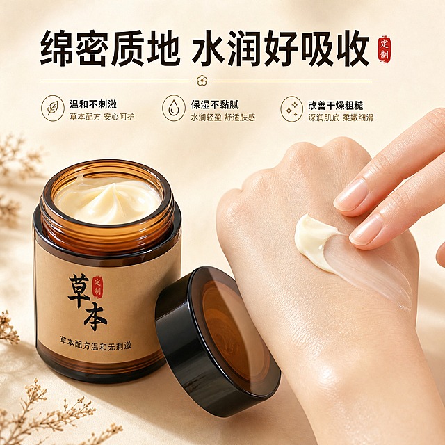 [主图-3] 质地与肤感展示，展示妃蜜诗草本定制乳霜的细腻质地与使用后的水润肤感，让用户直观感受到产品的保湿效果。
[统一基调] 整体风格为中式草本高级质感，温润自然，背景主色为米白渐变搭配浅棕草木色调，标题字色为深墨褐色，辅助字色为暖棕色，强调色为朱砂红，主标题字体为现代非衬线粗体，说明文字为同系列细体，卡片采用细描边圆角浅米色样式。
[画面] 画面左侧是产品瓶身，占画面约35%，瓶盖打开放置在瓶身旁，瓶口微微倾斜展示乳霜质地。画面右侧是一只女性手部特写，手背朝上，手背上有一勺乳霜膏体，膏体呈现细腻绵密的奶霜质地，旁边有手指轻轻推开的半透明涂抹痕迹，展示乳霜的延展性和吸收感。手部皮肤细腻有光泽，体现使用后的水润饱满状态。背景为柔和的浅米色渐变，桌面上散落一两片干花草本作为点缀。
[光影质感] 商业美妆摄影质感，柔和的顶光+侧光，乳霜膏体有细腻的光泽感，推开的部分有半透明的水润反光，手部皮肤纹理自然清晰，瓶身玻璃质感真实，整体光影柔和温暖。
[配色] 主色米白+肤色+琥珀色，乳霜为奶白色带淡淡米黄调，手部肤色自然通透，整体色调温暖柔和。
[文字版式] 主标题位于画面顶部居中，大字「绵密质地 水润好吸收」，下方有三行小字卖点：「温和不刺激」「保湿不黏腻」「改善干燥粗糙」，文字放在画面上方和左侧负空间，不遮挡手部和产品主体。
[输出要求] 1:1正方形比例，2K分辨率，乳霜质地清晰真实，手部皮肤自然细腻，产品清晰不变形，文字清晰可读，无错字水印，无平台Logo，整体温润有质感。