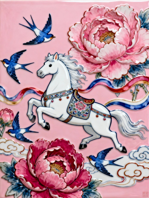 Q版卡通风格。主体是一匹造型优雅的纯白骏马（宝相花纹的马鞍，腾空飞跃，毛发飘逸），几只蓝白相间的燕子围绕着马匹飞舞。穿插流线型彩带（带有动感），背景由多层绚丽的大面积盛开的粉色牡丹花构成，点缀祥云，粉预览效果