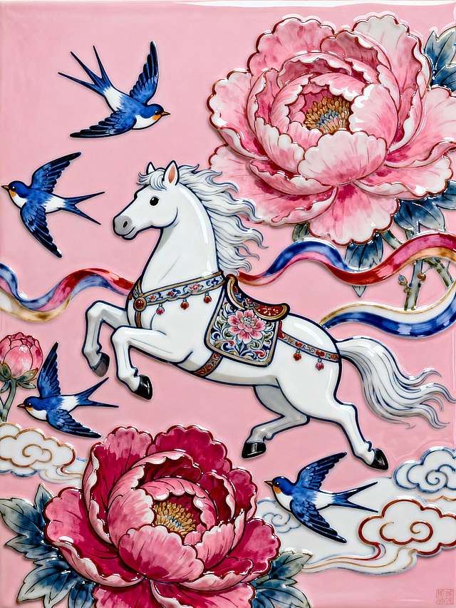 工笔风与浮雕风结合，白驹腾跃于牡丹与燕雀间，重拟物质感凸显中式典雅，刺绣般细腻纹样演绎唯美梦幻，粉红底色烘托喜庆氛围。