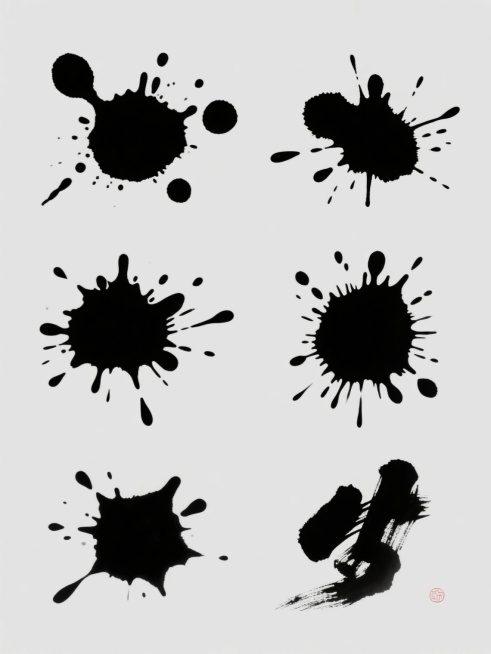 六个完全不同造型的黑色泼墨元素内容，每个泼墨都具有独特的飞溅形态、墨点分布和浓淡层次，保持中国传统水墨艺术的写意风格与洒脱笔触质感，元素间无重叠且具有视觉差异性，规整排布在纯色背景上，整体画面干净简洁，无任何文字和多余装饰预览效果