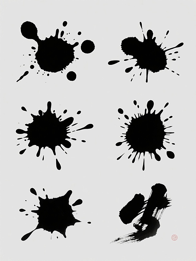 六个完全不同造型的黑色泼墨元素内容，每个泼墨都具有独特的飞溅形态、墨点分布和浓淡层次，保持中国传统水墨艺术的写意风格与洒脱笔触质感，元素间无重叠且具有视觉差异性，规整排布在纯色背景上，整体画面干净简洁，无任何文字和多余装饰