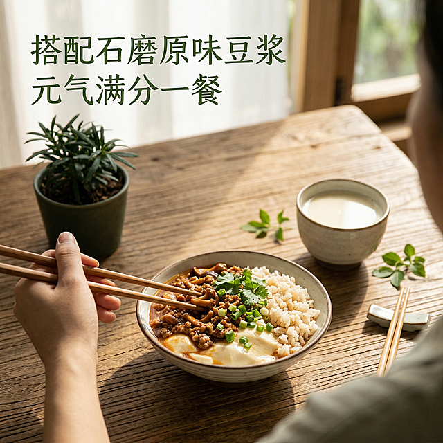 红蘑肉酱豆花套餐场景体验图，森林系风格。第一人称视角，展示手握着筷子准备享用豆花饭，旁边搭配一碗石磨原味豆浆，桌面点缀小朵新鲜绿植。整体是温馨干净的餐桌场景，暖自然光透过窗户洒下，呈现日常享用美食的松弛感。左上角小字 "搭配石磨原味豆浆 元气满分一餐"，深绿色文字自然悬浮。氛围感真实原生，符合小红书种草风格。