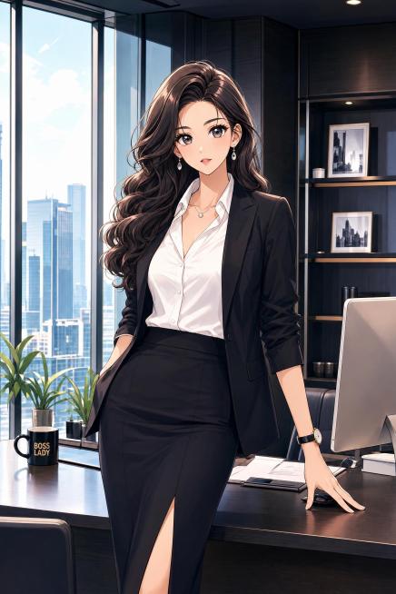 将图片改成漫画风格，放大人物眼睛，保持自律身材好爱运动的大波浪头发美女总裁在办公室的形象预览效果