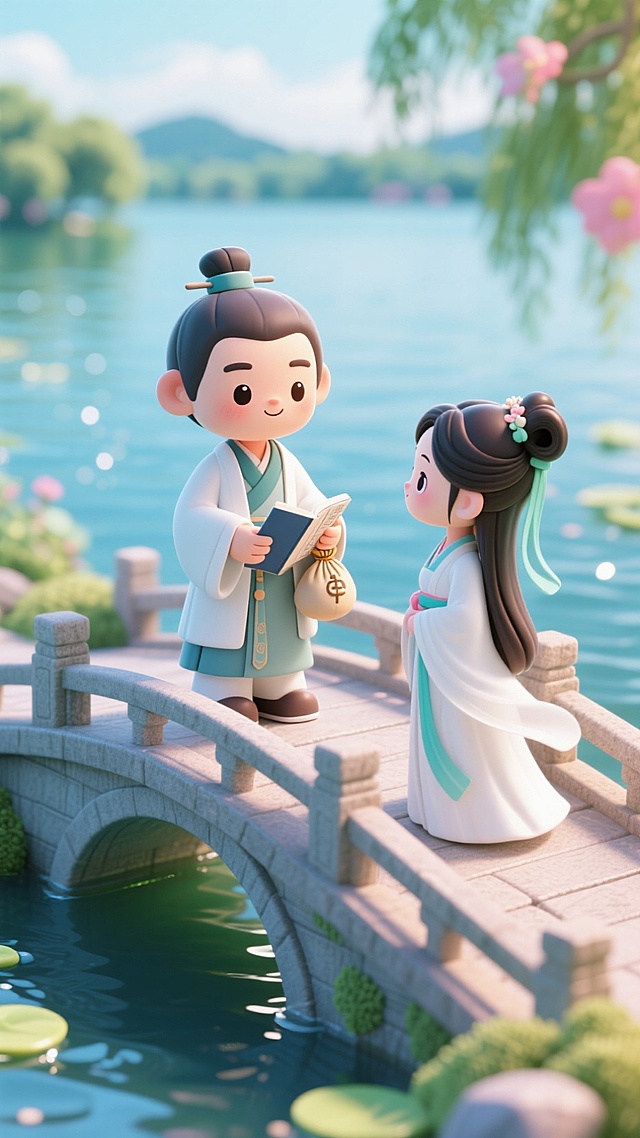 青年医生许仙，古代服饰，站在杭州西湖断桥上，对面是白娘子