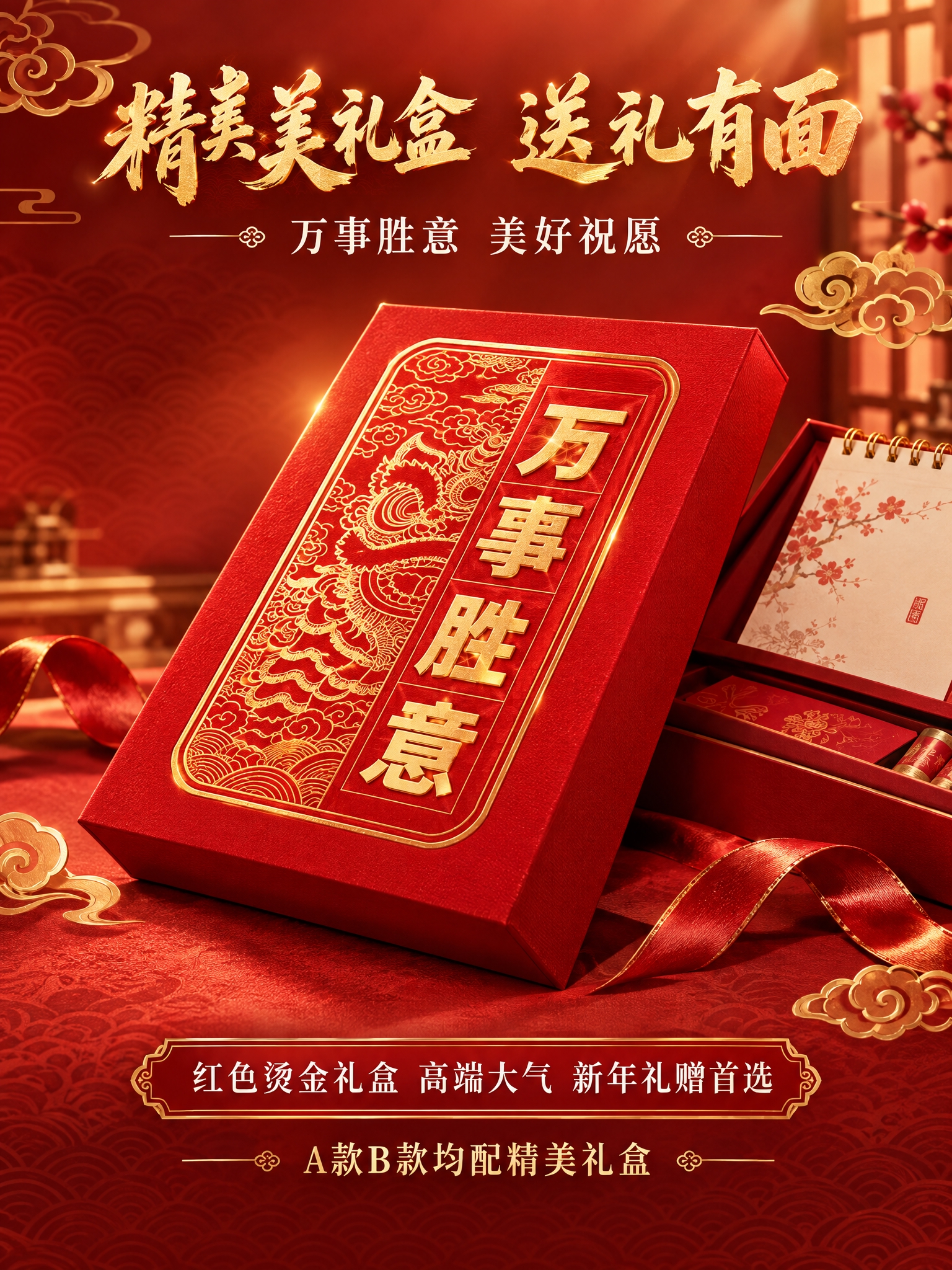 [商品] 使用红色"万事胜意"礼盒图；严格保留礼盒红色外观、金… - 图片创意预览