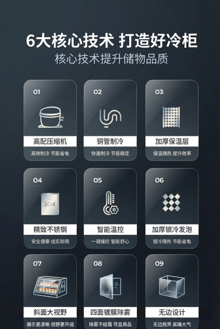 基于参考图排版、色调和设计风格，生成2:3竖版电商冷柜详情页卖点总览屏。顶部居中放置主标题"6大核心技术 打造好冷柜"，白色粗黑体，副标题"核心技术提升储物品品质"，白色细黑体。画面采用九宫格布局，每预览效果