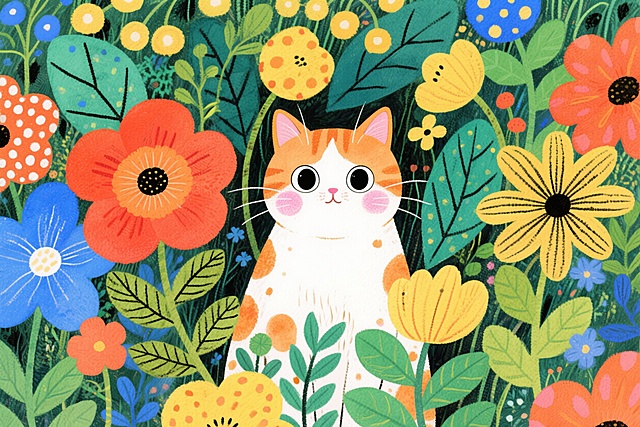 主体是一只神态淡然的橘白猫咪，它半隐在色彩斑斓的花丛中，仅露出头部与上半身，白色的大眼睛搭配粉色腮红，神态慵懒又略带傲娇；场景设定为充满生机的野花丛，包含大朵的橙红、湖蓝、明黄花卉与翠绿叶片，花朵形态各异，有的带有波点纹理，有的有着放射状线条纹路。整体采用水彩插画风格，融合了童趣涂鸦的随性笔触与植物装饰画的清新质感，色彩以高饱和度的暖色调为主，点缀冷色花卉形成视觉对比，保留水彩晕染的通透肌理与黑色勾线的细节。构图为中心对称视角，猫咪位于画面正中央，繁茂的花丛向四周舒展，营造出被自然包裹的治愈氛围；附加细节包括花朵上的手绘纹理、叶片的脉络层次、猫咪毛发的细腻斑点，以及水彩特有的晕染质感，让画面兼具装饰性与松弛感