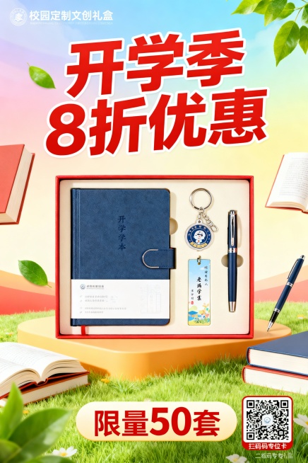 产品信息：校园定制文创礼盒（含笔记本，钥匙扣，书签），促销信息“开学季8折优惠”“限量50套·”，目标受众在校大学生。生成一张促销海报，风格青春活力，包含产品实物元素，促销文案，购买二维码占位符预览效果
