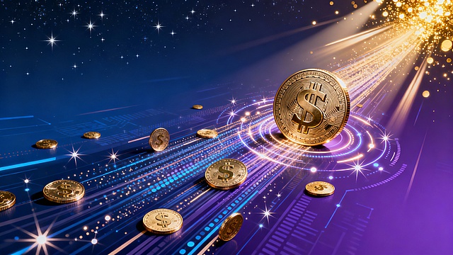 右侧主图为立体数据粒子流与虚实散落的金币$组合，金属质感强烈。画面右上角鎏金光斑闪耀，可带有光速效果。背景为科技蓝至紫色渐变，叠加星辰闪耀。视觉效果呈现激光雕刻与动态光流追踪效果，传达出锐利、活力、精准的情绪，整体艺术感体现为数字金融与实体经济的能量共振。光影设计采用顶部动态追光，突出数据流的粒子轨迹质感。装饰性光效为环绕虚实散落的金币$的脉冲光环与数据节点的星爆特效。整体氛围传达出创新、活力、专业化的金融科技调性。