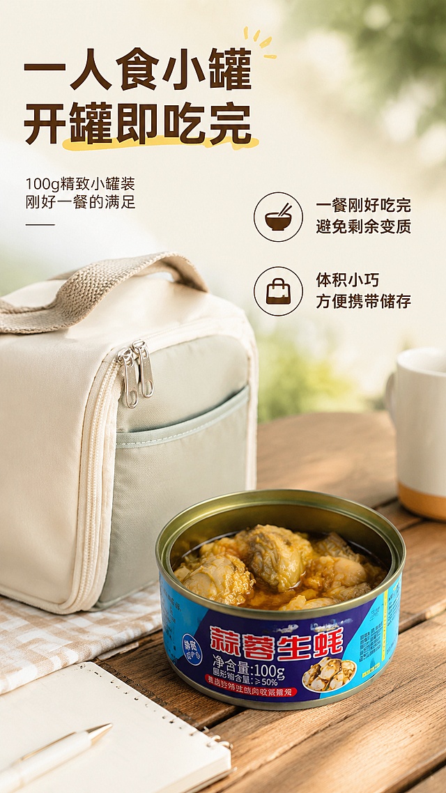 [第5屏] 一人食小规格卖点展示屏，突出便携不浪费优势。本屏使用【图1】产品作为主体。
[氛围/风格] 生活化场景风格，轻松便捷，真实场景展示，温馨食欲感。
[元素布局] 画面展示单罐100g生蚝放在通勤便当包旁边，背景搭配户外木质桌面，展示产品小巧易携带，产品包装规格和颜色和输入图保持一致，主体产品占屏约60%。
[光影质感] 自然户外柔光，整体明亮通透，产品色彩自然真实。
[配色色系] 全局底色 #F0EEE6，浅原木色系，温馨自然。
[视角构图] 平视场景构图，产品放置在画面右下区域，左上留出标题区域，符合从上到下阅读动线。
[文字版式] 左上主标题「一人食小罐 开罐即吃完」，右侧分两点卖点「一餐刚好吃完 避免剩余变质」「体积小巧 方便携带储存」，图标搭配文字，清晰不遮挡产品。
[比例分辨率] 9:16 竖版比例，4K分辨率，文字清晰可辨，高清画质。
[负向提示词] 产品尺寸比例错误，场景杂乱，文字模糊，包装文字错乱