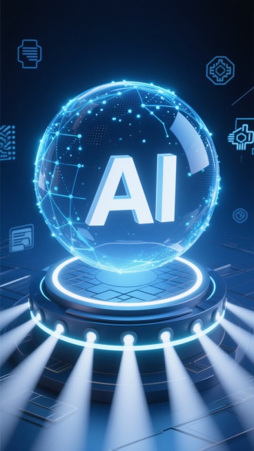 数字科技风格的AI主题海报，深蓝色调渐变背景，中央悬浮着由发光粒子和蓝色光效线条构成的半透明球体，球体中心有立体的"AI"白色字母，球体下方是带有发光环形灯带和几何纹路的圆形平台，平台底部投射出多束向上汇聚的白色光束，周围环绕着多个代表科技元素的抽象图标，整体呈现出神秘而前沿的未来科技氛围，具有清晰的视觉层级和高效的信息传达，符合科技主题的设计感。预览效果