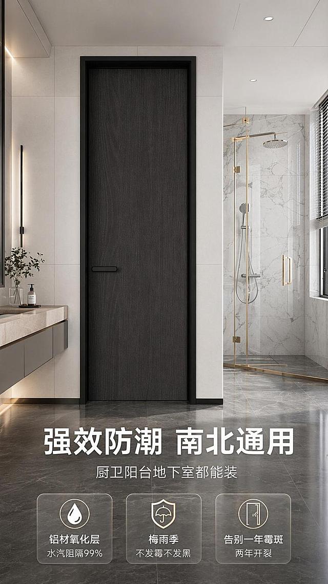 [第5屏] 防潮防霉性能展示，对比普通木门解决潮湿痛点。本屏使用【图3】展示深灰色铝木门紧邻卫生间空间。
[氛围/风格] 真实场景展示，现代干湿分离卫浴空间，干净明亮质感。
[元素布局] 铝木门作为卫生间干区入口，位于画面视觉中心，占比约65%，保持产品原有深色木纹和黑色门框结构不变，背景展示湿区淋浴空间，直观展示潮湿环境使用效果。
[光影质感] 卫生间明亮白光，整体通透干净，金属铝材反光自然，产品轮廓清晰。
[配色色系] 全局底色 #F0F0F0，主色深灰木纹，辅助色白色墙砖，金色五金点缀。
[视角构图] 平视正面视角，景深合适，突出木门在潮湿环境的应用。
[文字版式] 顶部主标题「强效防潮 南北通用」，副标题「厨卫阳台地下室都能装」，下方三个卖点标签：「铝材氧化层水汽阻隔99%」「梅雨季不发霉不发黑」「告别一年霉斑两年开裂」，文字排布在画面下方，不遮挡木门主体。
[比例分辨率] 9:16 竖版比例，4K分辨率，文字清晰可辨，高清画质。
[负向提示词] 产品变形，颜色偏差，结构错误，文字错乱，文字过小，水印，背景杂乱