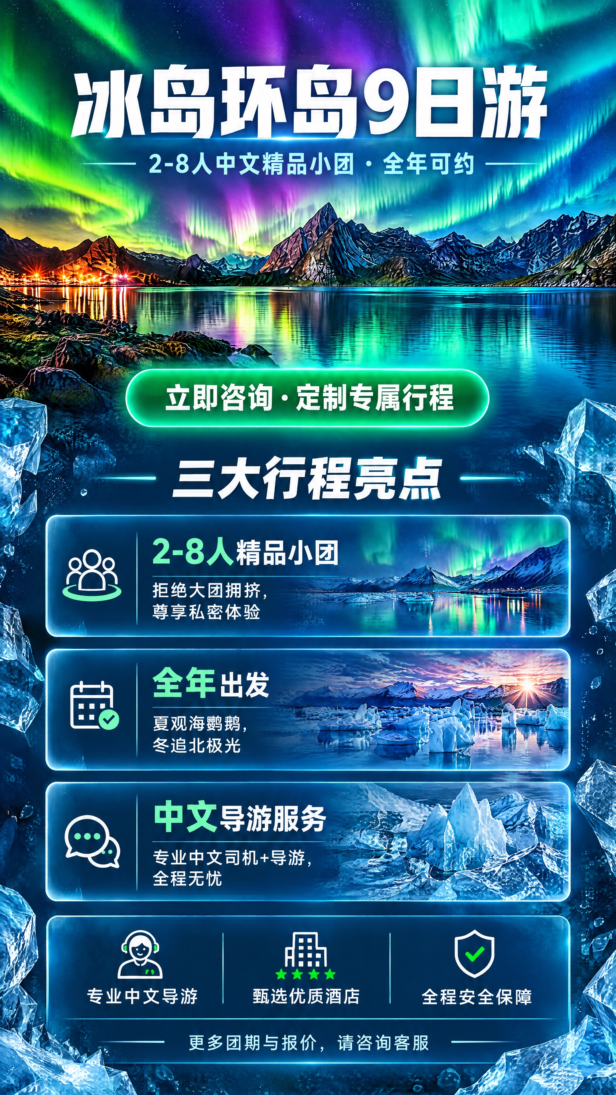 将三张冰岛旅游海报融合为一张完整的竖版长海报，整合所有信息。顶… - 图片创意预览
