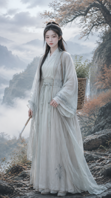 古风泽谷医女，大靖将门嫡女，医武双修清冷才女，暮秋苍梧山仙侠意境，国风写实电影质感，全身立绘半身特写通用。自然乌黑长发，柔顺有光泽，半束发简约温婉造型，余下发丝垂落肩头，仅配素色木质小发簪、细银线束发预览效果