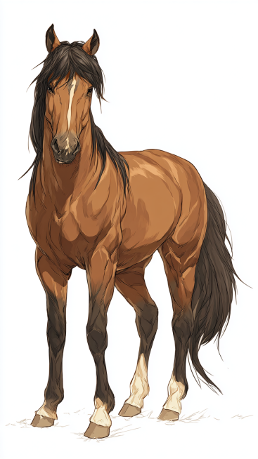 A well-built adult horse, with a clearly defined head, erect ears, bright and lively eyes, a long an预览效果