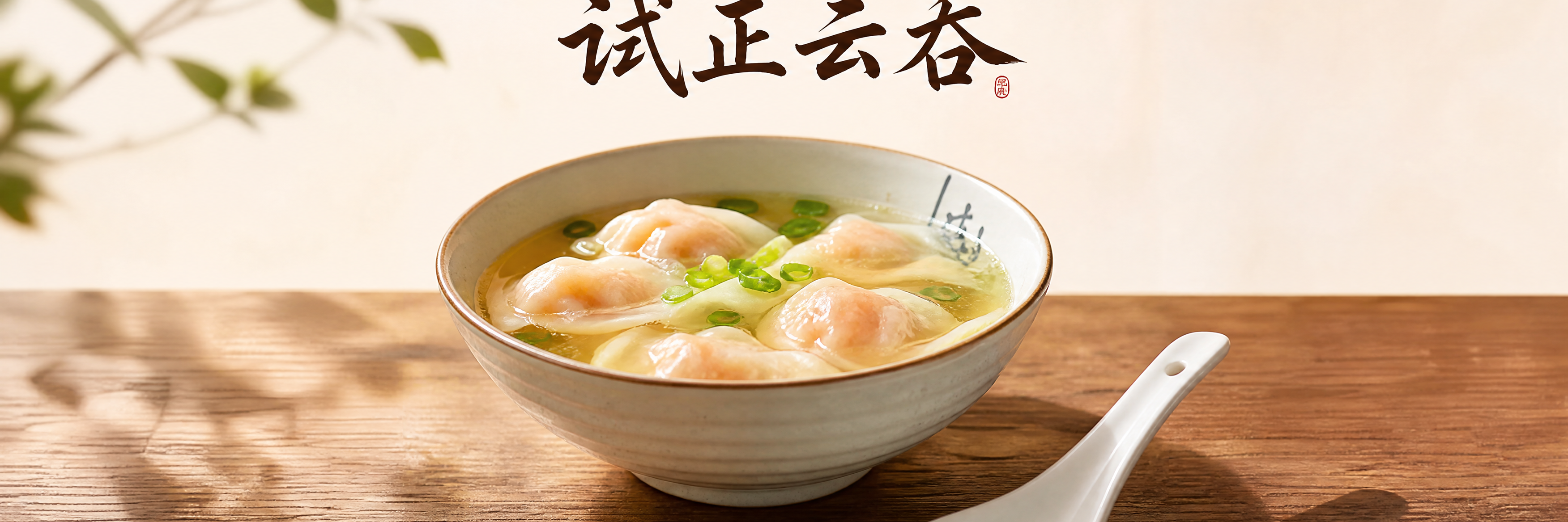 美食摄影风格海报，一碗精致的鲜虾云吞汤放在木质桌面上，云吞皮薄… - 图片创意预览