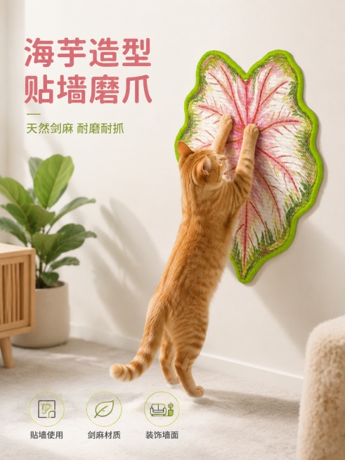 「图片1」这是一款海芋造型的剑麻材质猫抓板，帮我生成电商主图，图片尺寸3：4，这个是贴在墙上使用的可以让猫咪站立磨爪子，帮我添加一直猫咪互动预览效果