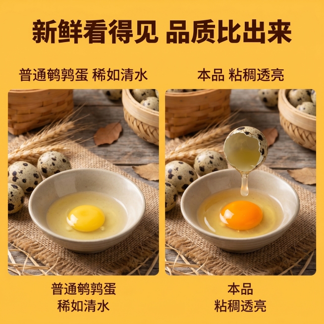 [主图2] 新鲜鹌鹑蛋品质对比场景图，营造原生农家自然氛围。画面左侧摆放普通鹌鹑蛋，展示蛋清稀薄蛋黄扁平状态；画面右侧摆放本品保卫蛋蛋新鲜鹌鹑蛋，展示蛋清粘稠挂壁、蛋黄圆润饱满的状态，凸显品质差异。保预览效果